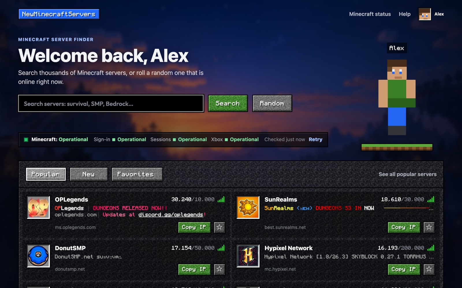 The extension's new tab page: a server search box, a Minecraft status line, the player's 3D skin, and a Popular servers list with server icons, coloured MOTDs, player counts and Copy IP buttons